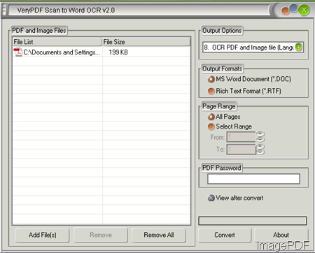 software interface of Scan to Word OCR Converter